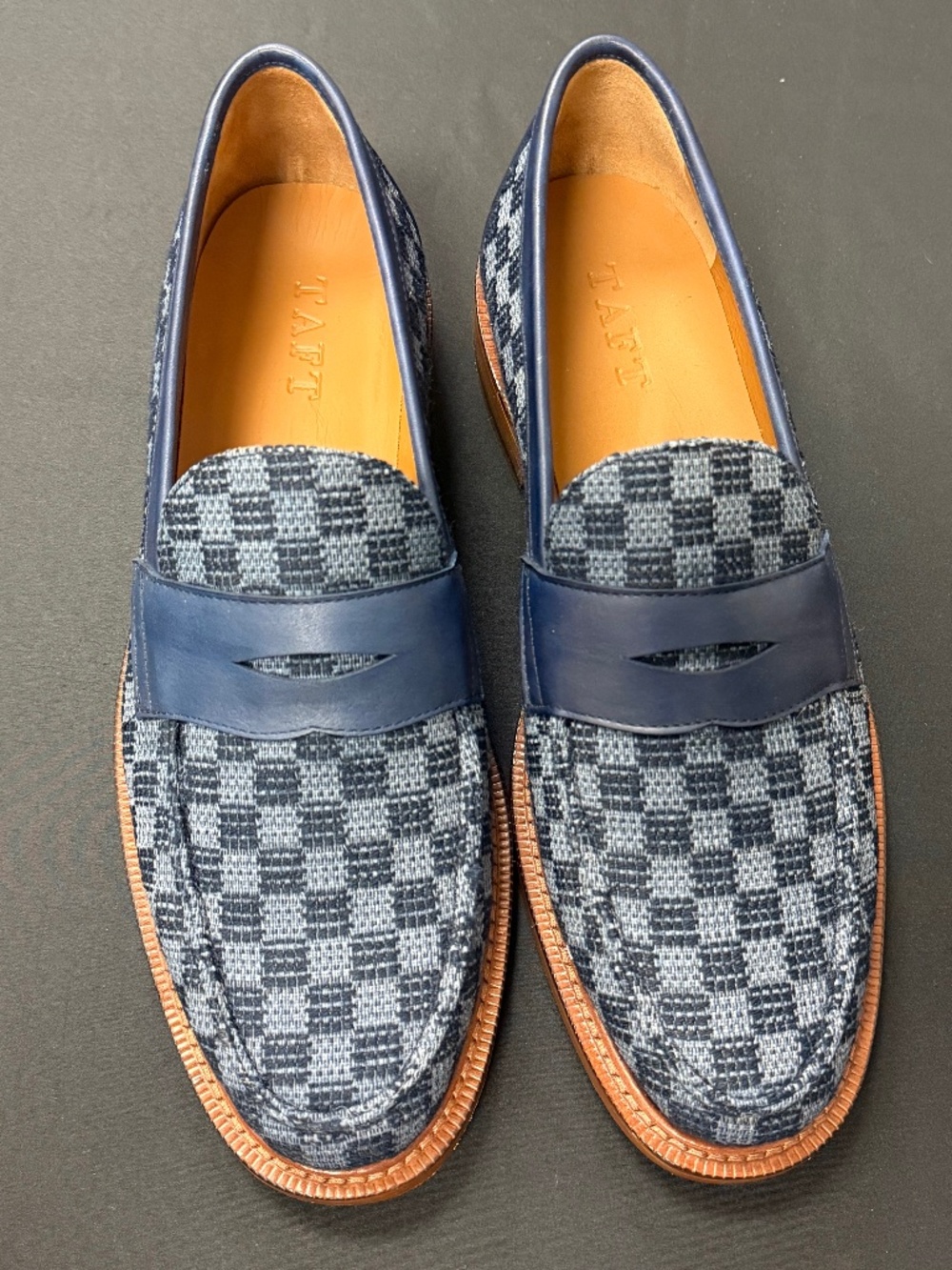 TAFT Blue Checkered Woven Leather Loafers Mens Navy Slip On Dress Shoes